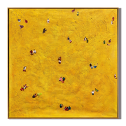 Golden Figures Drift Below – Aerial Mustard-Gold Figures Painting | Contemporary Minimalist Living Room Art
