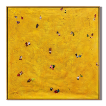 Golden Figures Drift Below – Aerial Mustard-Gold Figures Painting | Contemporary Minimalist Living Room Art