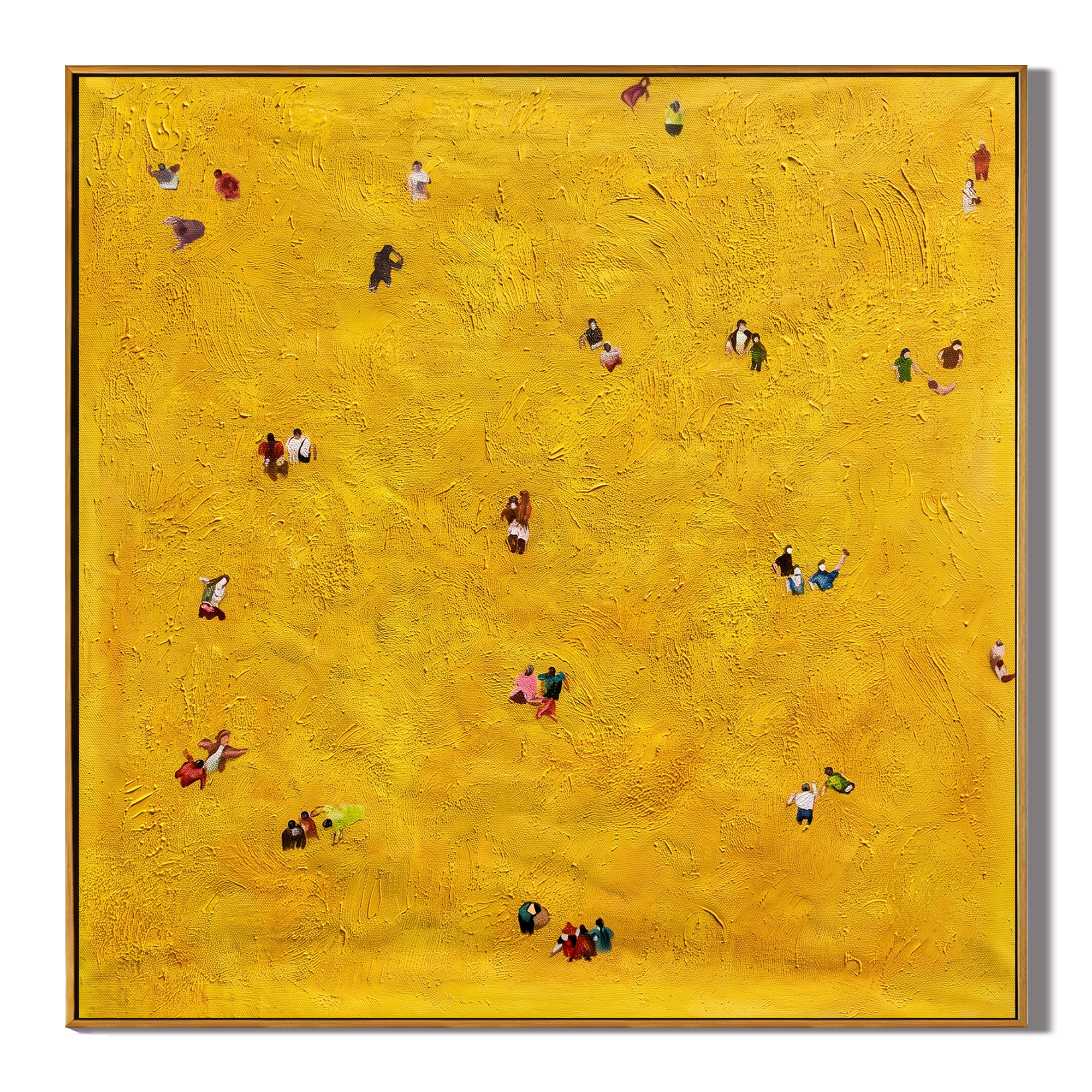 Golden Figures Drift Below – Aerial Mustard-Gold Figures Painting | Contemporary Minimalist Living Room Art