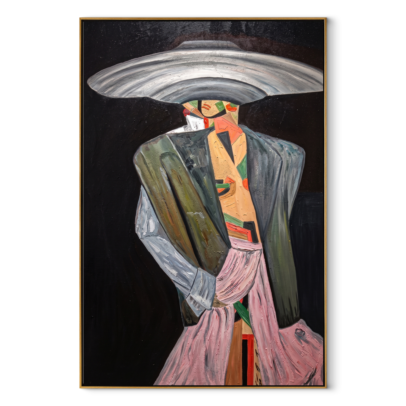 Silver Brim Takes Stage – Gray Fashion Figure Painting | Retro Modern Vertical Wall Art