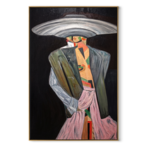 Silver Brim Takes Stage – Gray Fashion Figure Painting | Retro Modern Vertical Wall Art