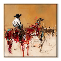 Red Riders Cross Dust - Two Horse Riders Painting | Contemporary Western Square Wall Art