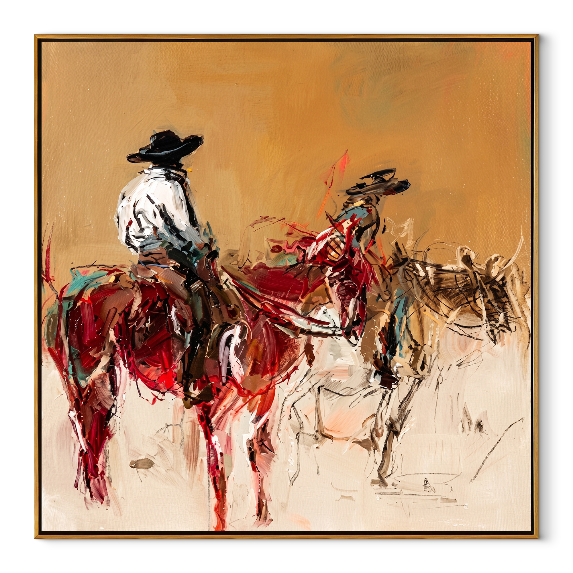 Red Riders Cross Dust - Two Horse Riders Painting | Contemporary Western Square Wall Art