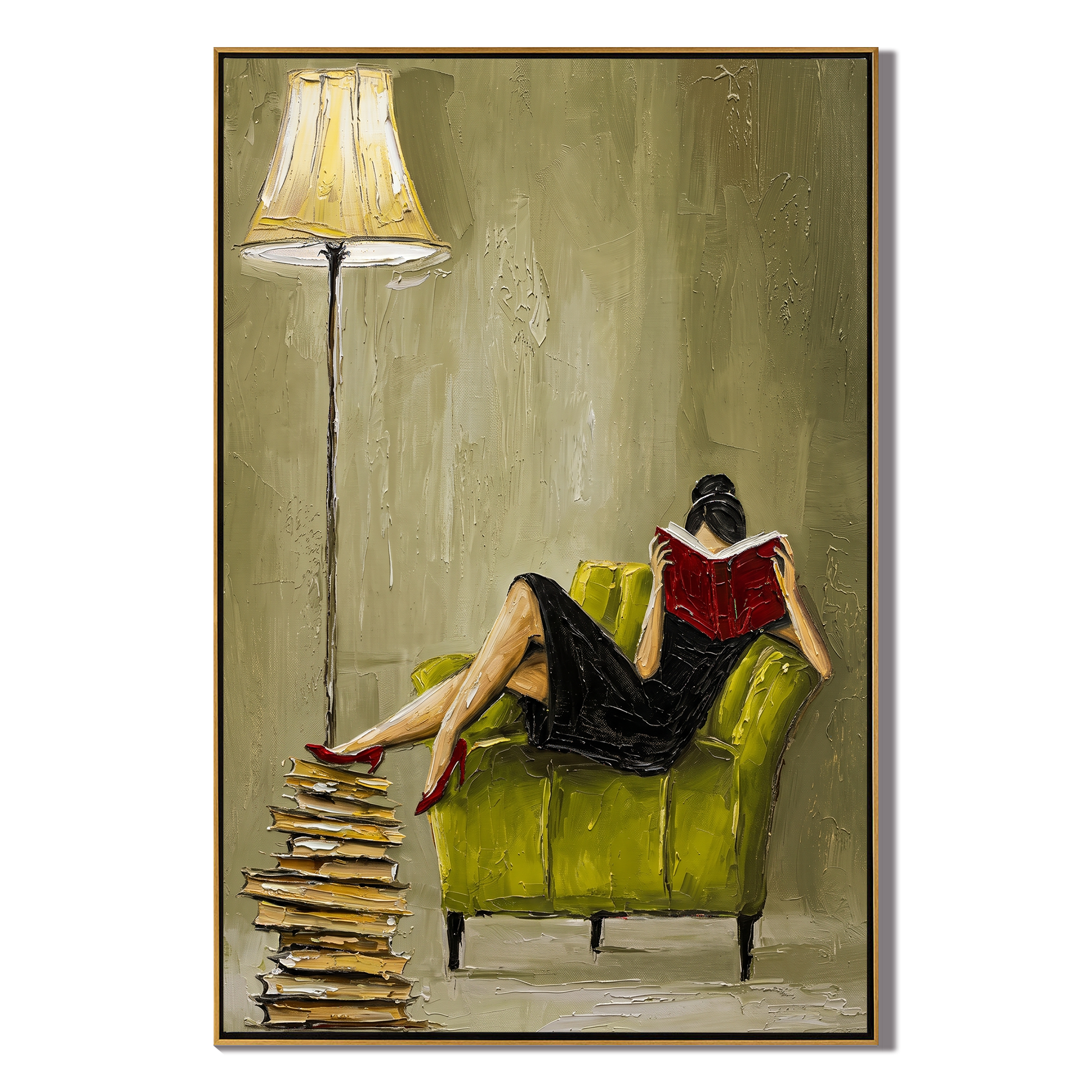 Velvet Nook Holds Silence – Emerald Velvet Reading Nook Painting | Elegant Interior Living Room Art