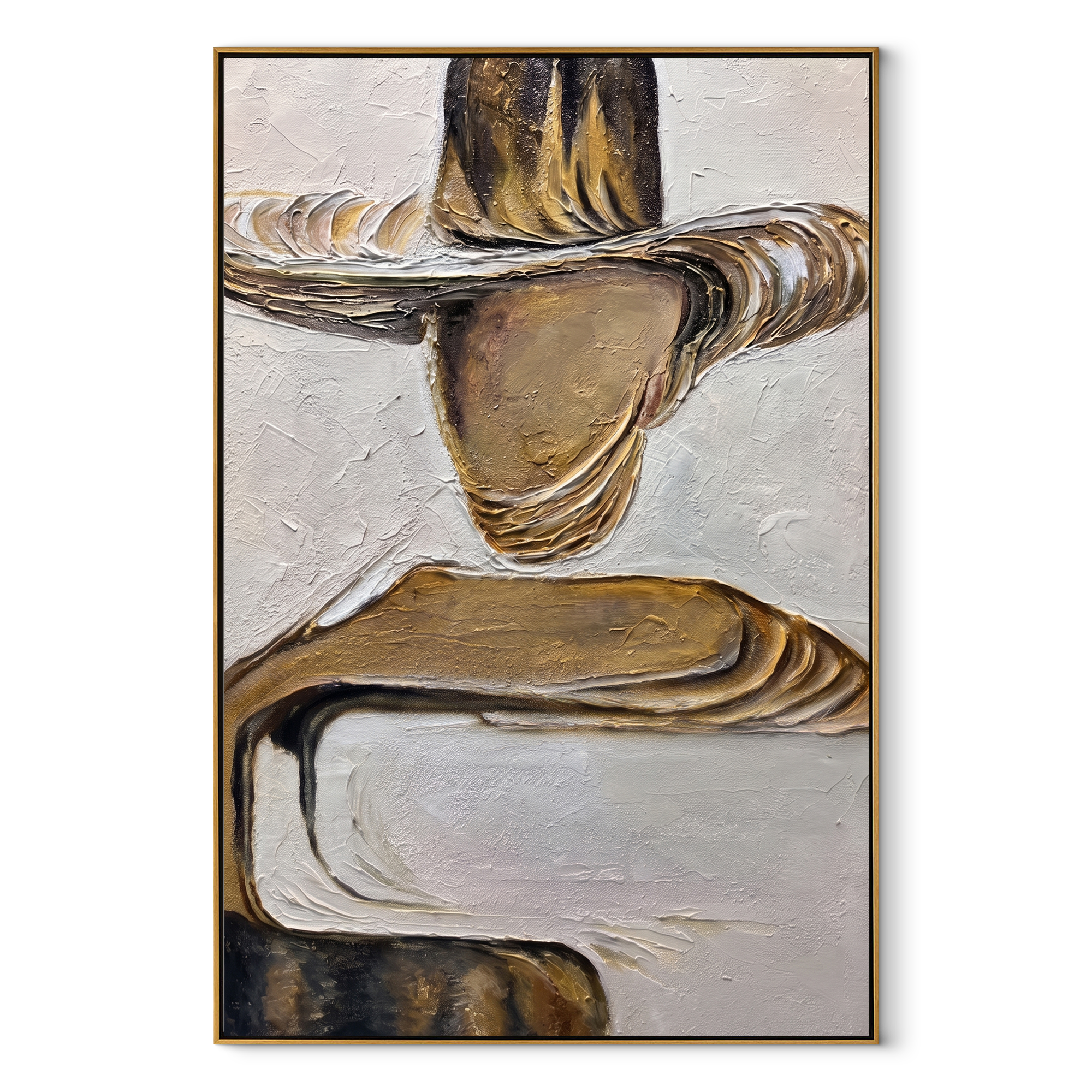 Gilded Brim Holds Still – Gold Hat Figure Painting | Retro Modern Vertical Wall Art