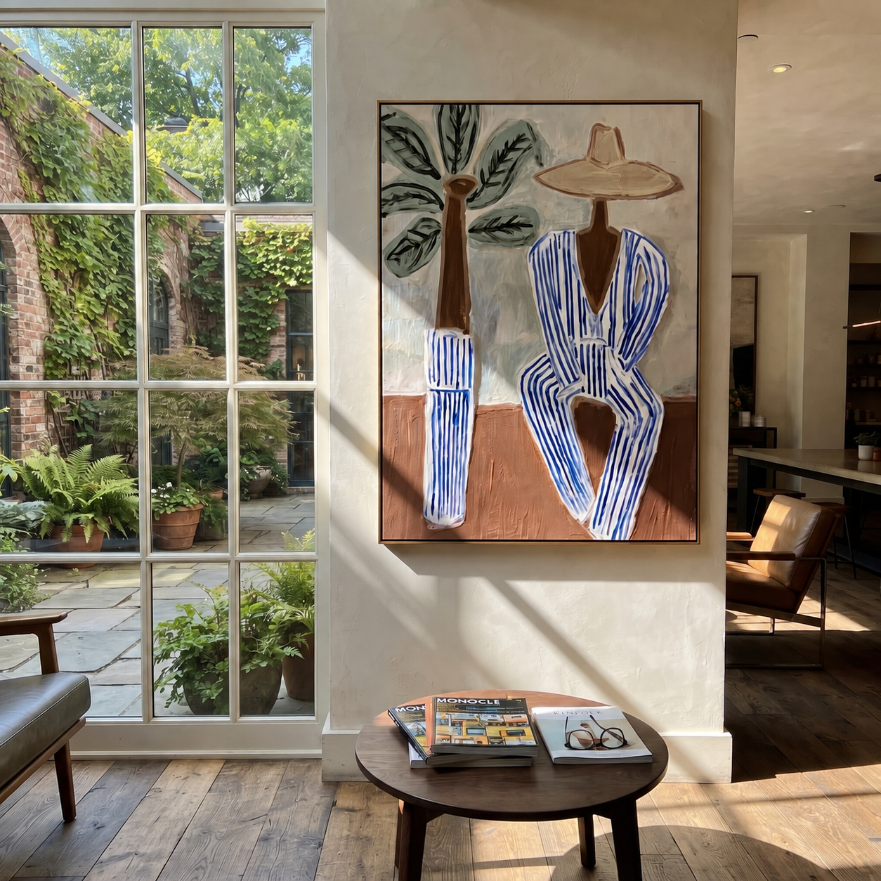 Blue Stripes Wait by Palms - Striped Beach Hat Figure painting by Claire Whitmore, modern coastal vertical wall art – styled room scene view 1