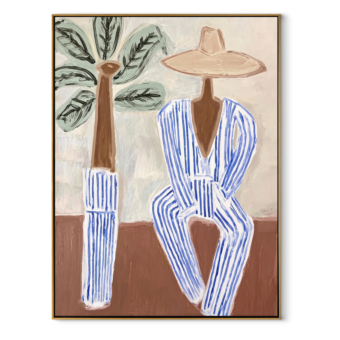 Blue Stripes Wait by Palms - Striped Beach Hat Figure painting by Claire Whitmore, modern coastal vertical wall art – wood frame on white background
