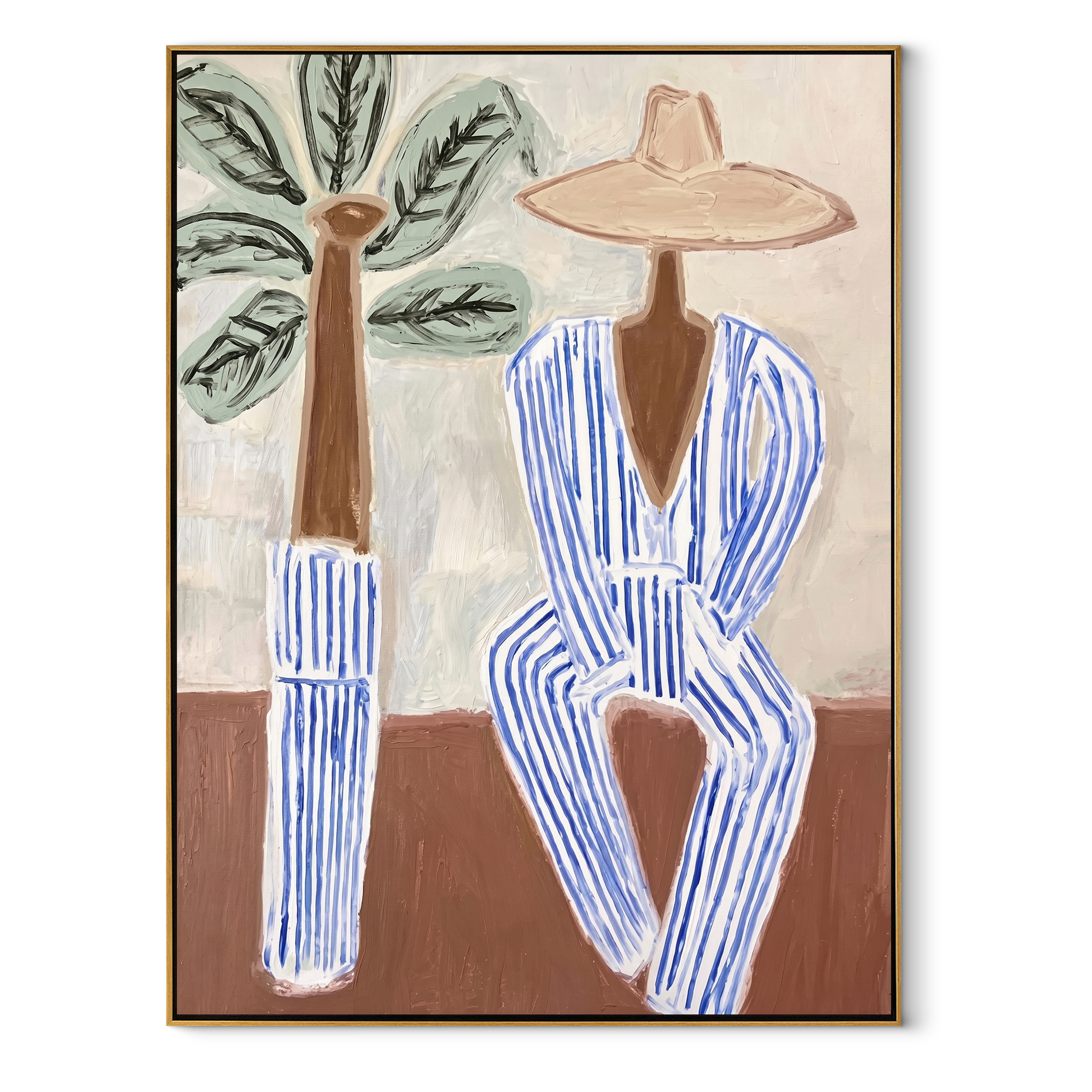 Blue Stripes Wait by Palms - Striped Beach Hat Figure painting by Claire Whitmore, modern coastal vertical wall art – wood frame on white background