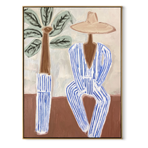 Blue Stripes Wait by Palms - Striped Beach Hat Figure painting by Claire Whitmore, modern coastal vertical wall art – wood frame on white background