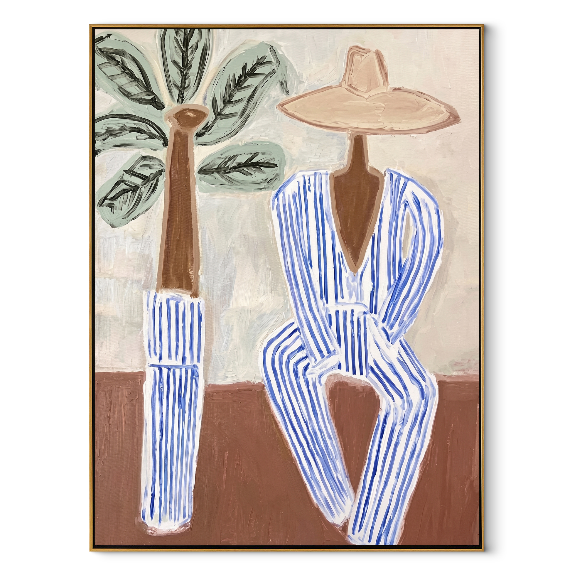 Blue Stripes Wait by Palms - Striped Beach Hat Figure painting by Claire Whitmore, modern coastal vertical wall art – wood frame on white background