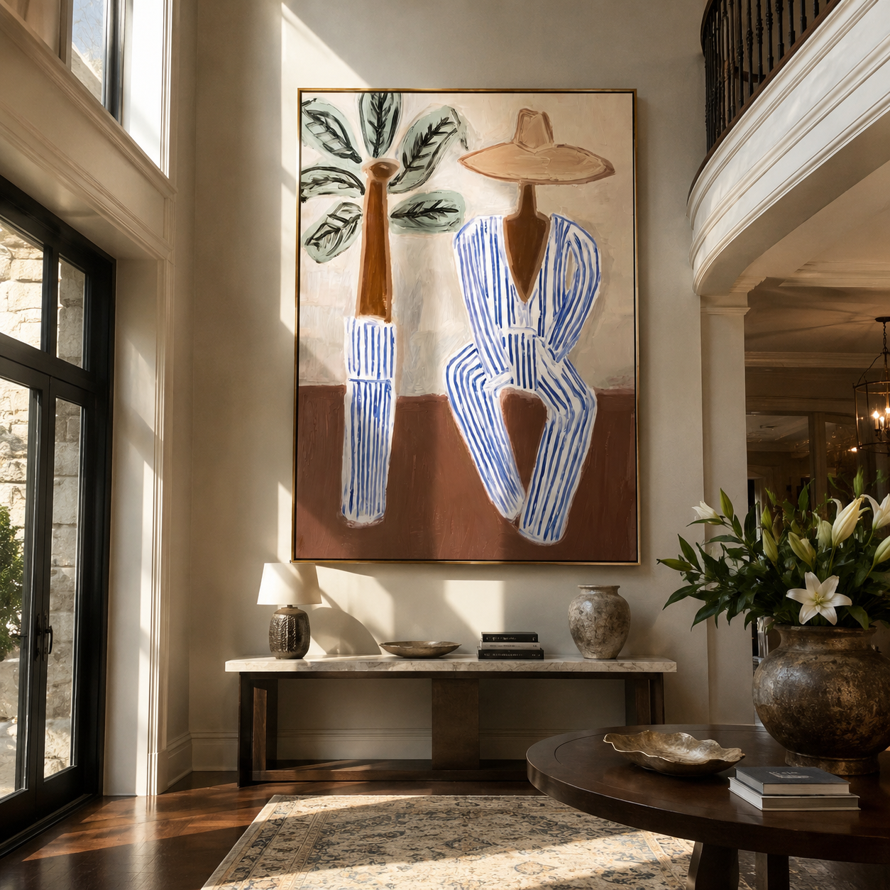 Blue Stripes Wait by Palms - Striped Beach Hat Figure painting by Claire Whitmore, modern coastal vertical wall art – styled room scene view 2