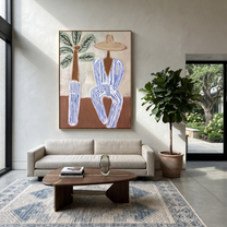 Blue Stripes Wait by Palms - Striped Beach Hat Figure painting by Claire Whitmore, modern coastal vertical wall art – styled room scene view 5