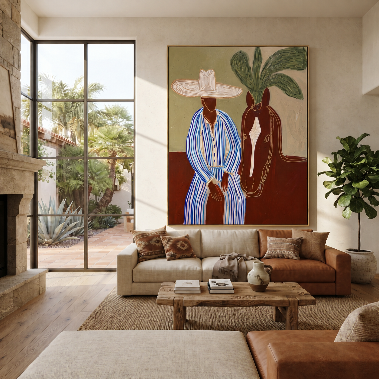 Sage Horizon Holds the Rider - Striped Rider and Horse painting by Claire Whitmore, modern coastal vertical wall art – styled room scene view 1