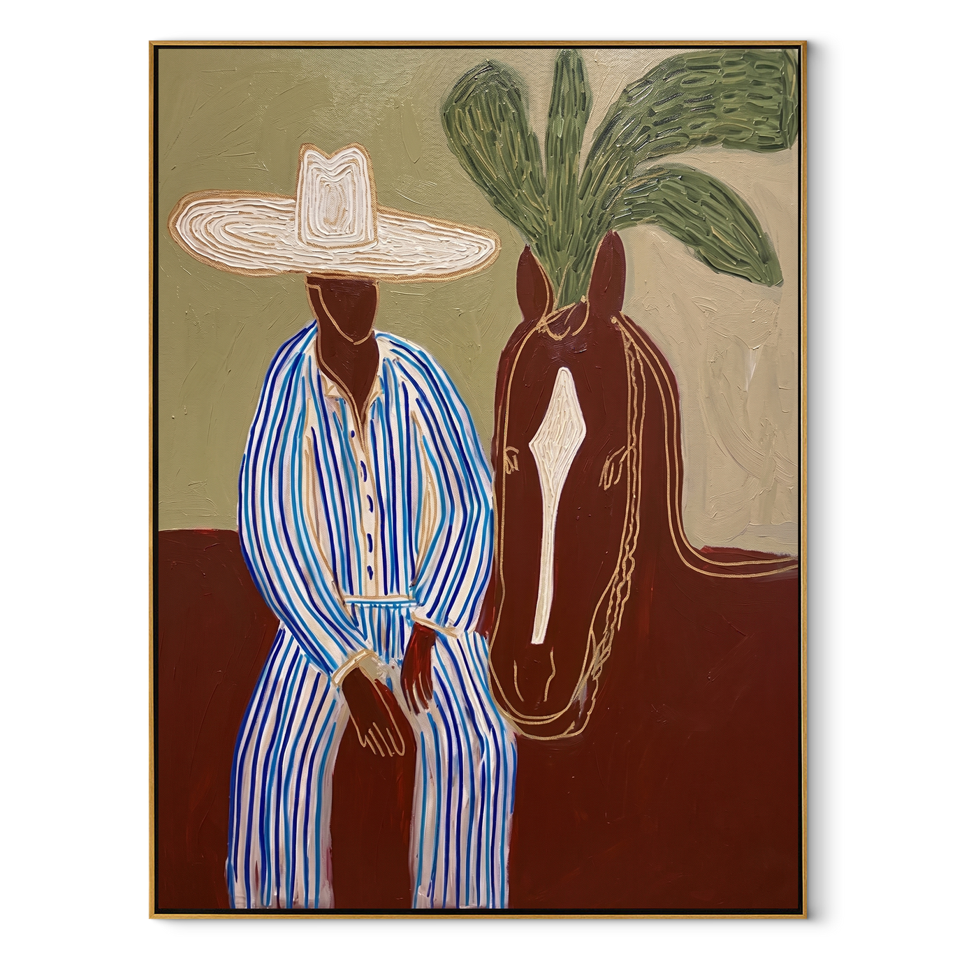 Sage Horizon Holds the Rider - Striped Rider and Horse painting by Claire Whitmore, modern coastal vertical wall art – wood frame on white background