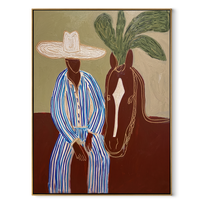 Sage Horizon Holds the Rider - Striped Rider and Horse painting by Claire Whitmore, modern coastal vertical wall art – wood frame on white background