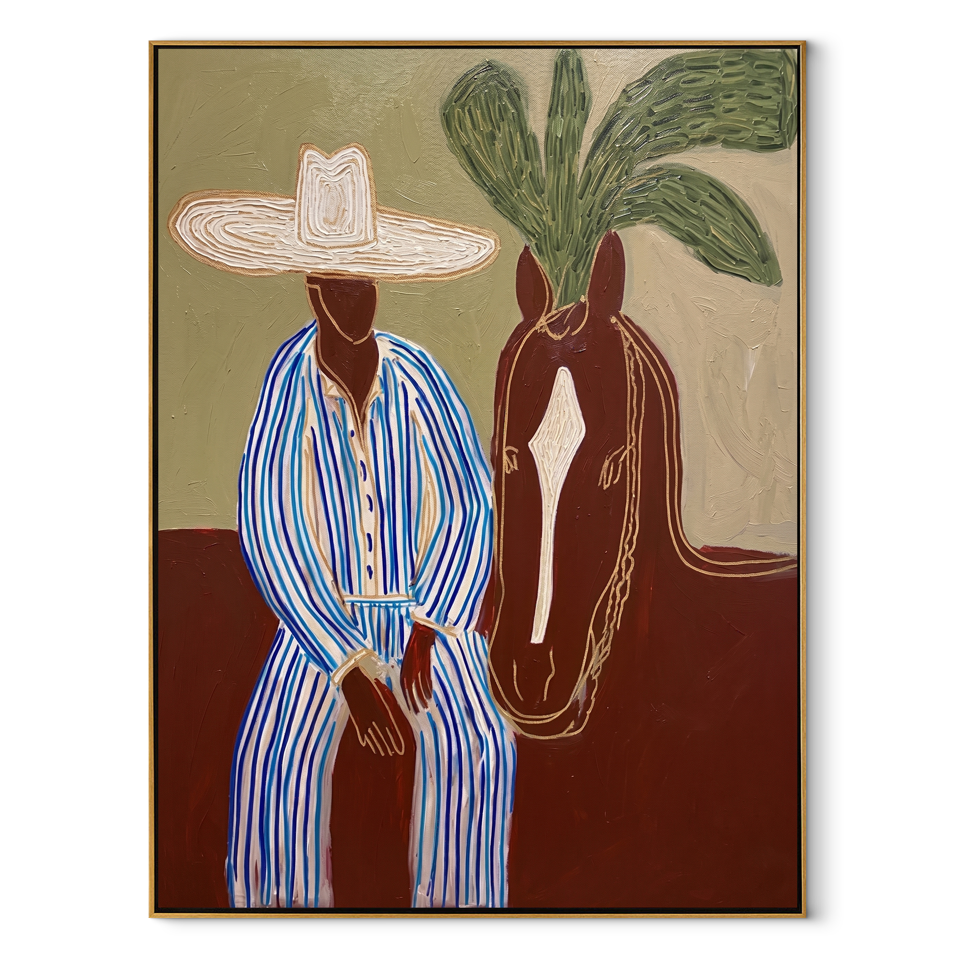 Sage Horizon Holds the Rider - Striped Rider and Horse painting by Claire Whitmore, modern coastal vertical wall art – wood frame on white background