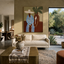 Sage Horizon Holds the Rider - Striped Rider and Horse painting by Claire Whitmore, modern coastal vertical wall art – styled room scene view 2