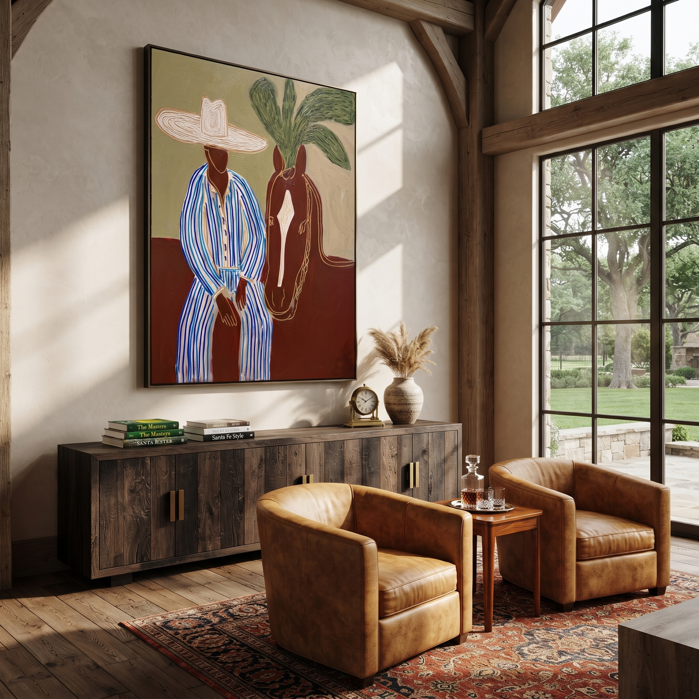 Sage Horizon Holds the Rider - Striped Rider and Horse painting by Claire Whitmore, modern coastal vertical wall art – styled room scene view 3
