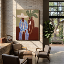 Sage Horizon Holds the Rider - Striped Rider and Horse painting by Claire Whitmore, modern coastal vertical wall art – styled room scene view 4