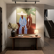 Sage Horizon Holds the Rider - Striped Rider and Horse painting by Claire Whitmore, modern coastal vertical wall art – styled room scene view 5