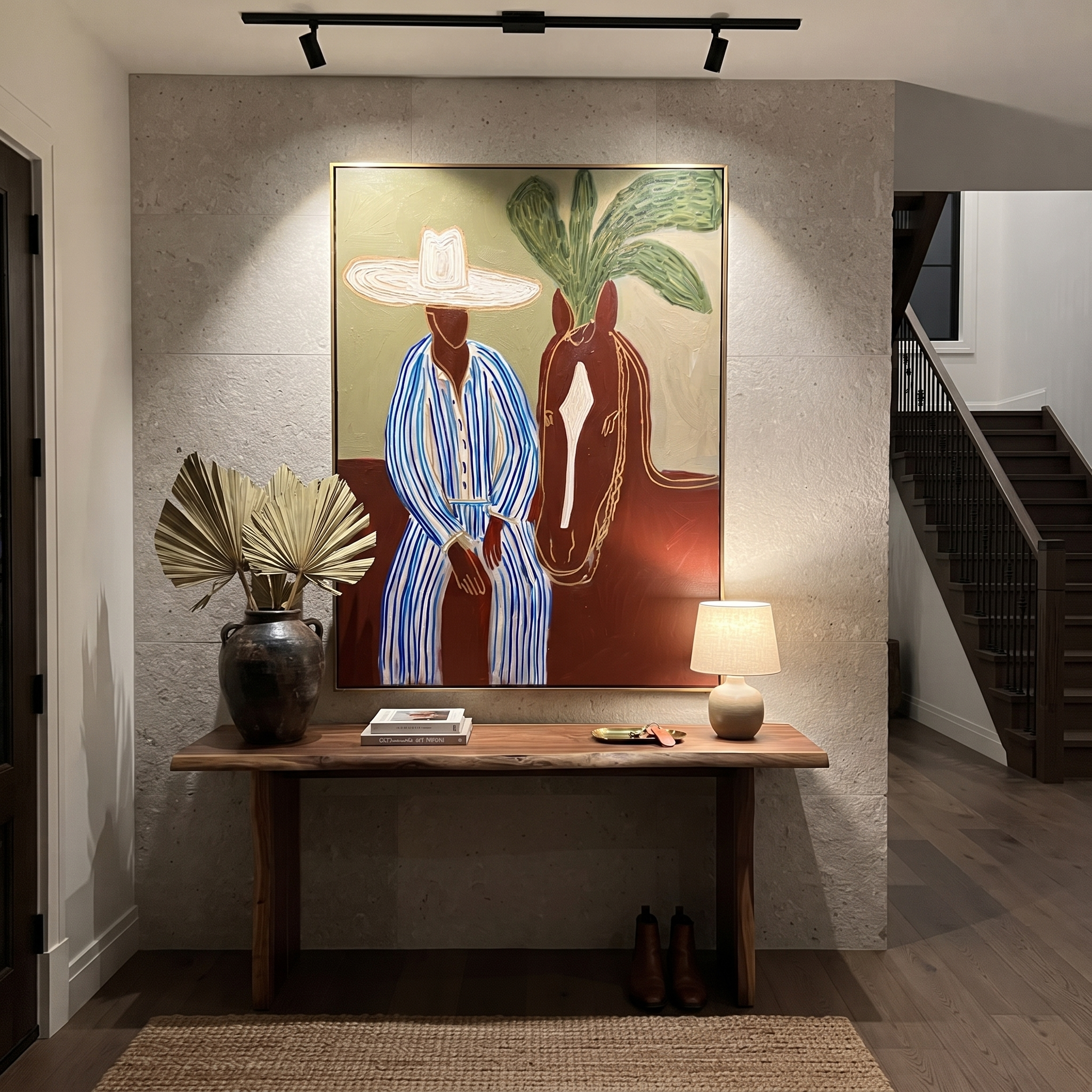 Sage Horizon Holds the Rider - Striped Rider and Horse painting by Claire Whitmore, modern coastal vertical wall art – styled room scene view 5
