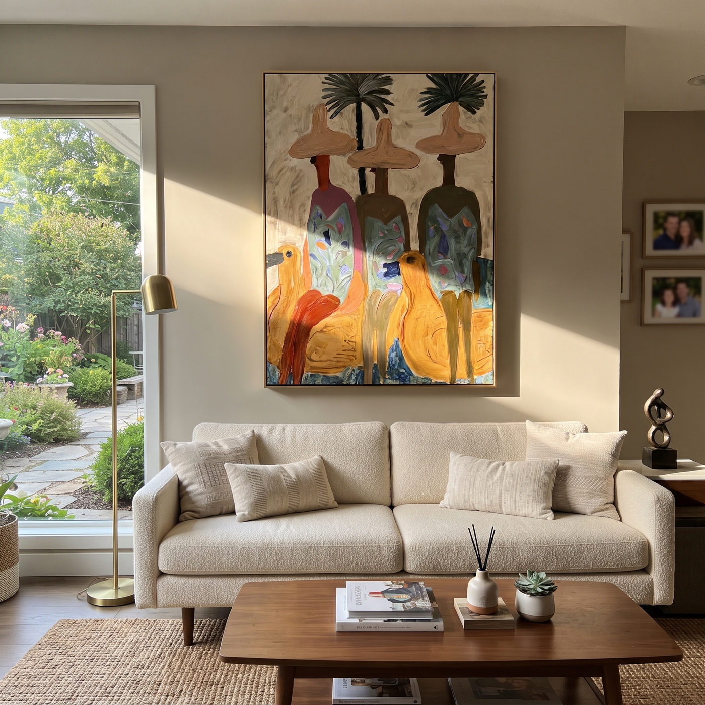 Three Brims Gather Under Palms - Tropical Hat Figures and Dogs painting by Claire Whitmore, modern coastal vertical wall art – styled room scene view 1