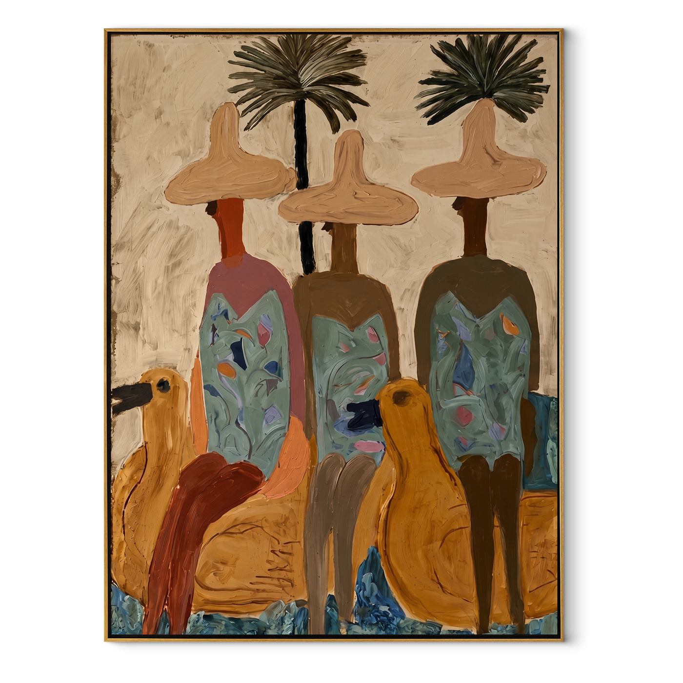 Three Brims Gather Under Palms - Tropical Hat Figures and Dogs painting by Claire Whitmore, modern coastal vertical wall art – wood frame on white background