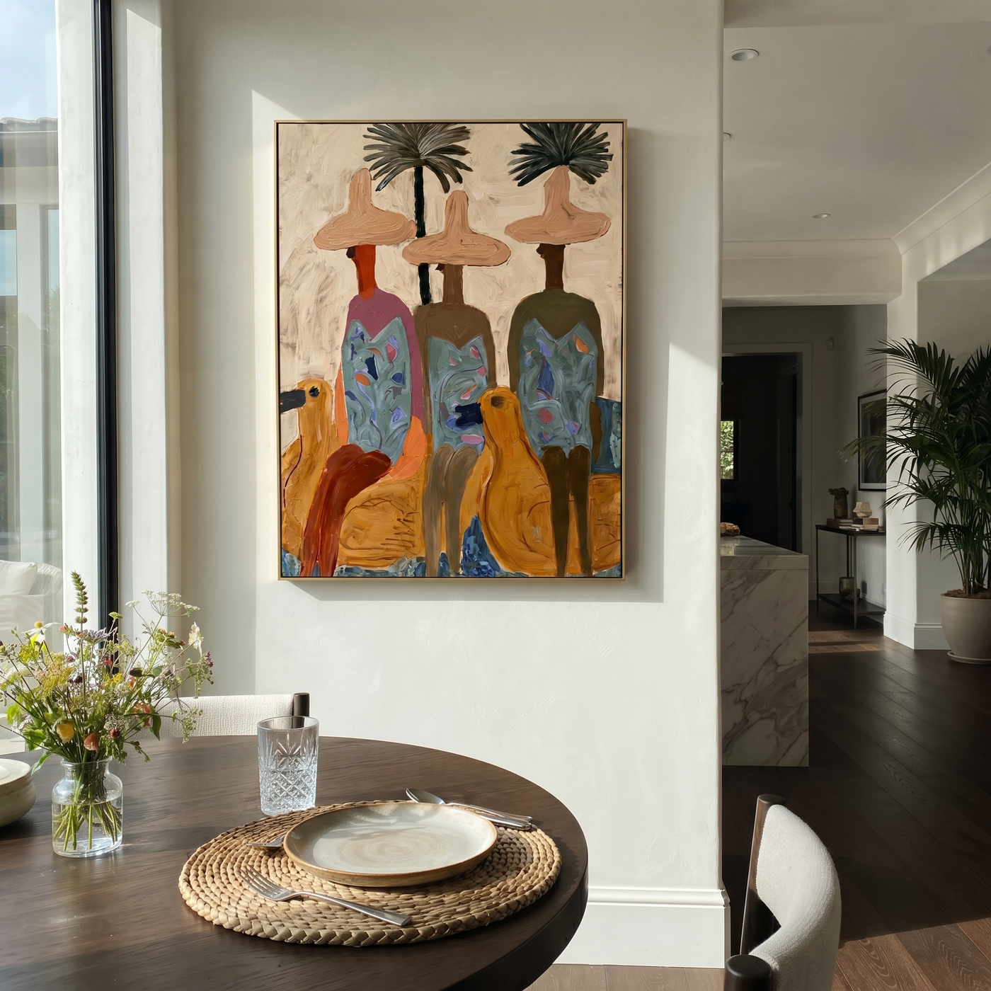 Three Brims Gather Under Palms - Tropical Hat Figures and Dogs painting by Claire Whitmore, modern coastal vertical wall art – styled room scene view 2