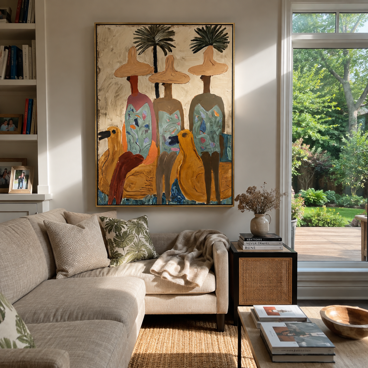 Three Brims Gather Under Palms - Tropical Hat Figures and Dogs painting by Claire Whitmore, modern coastal vertical wall art – styled room scene view 3
