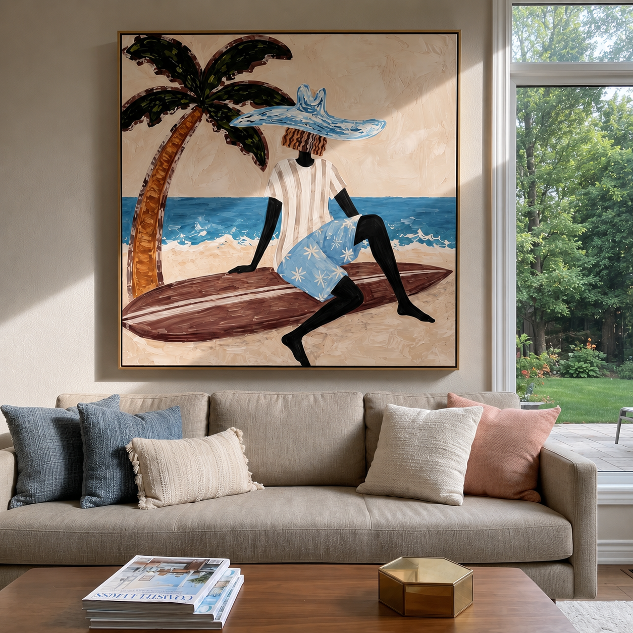 Blue Brim Rests by the Tide - Seated Beach Woman and Surfboard painting by Claire Whitmore, modern coastal square wall art – styled room scene view 1