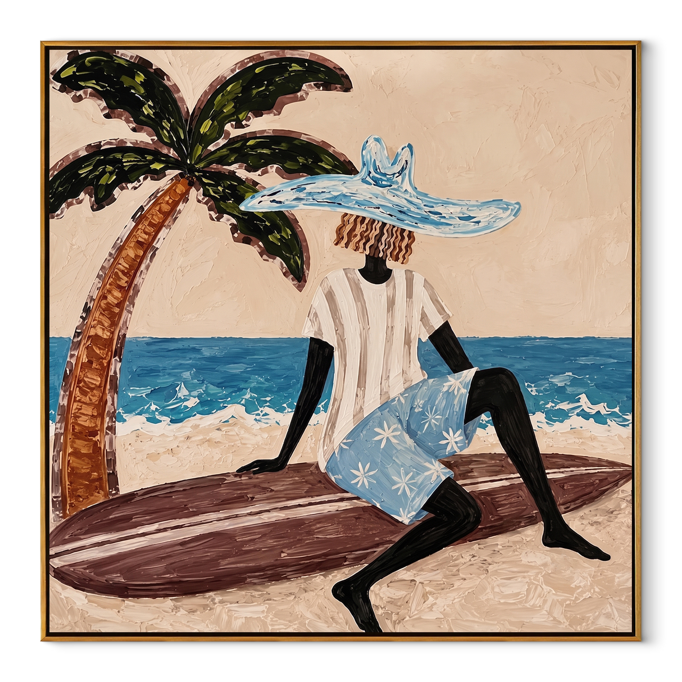 Blue Brim Rests by the Tide - Seated Beach Woman and Surfboard painting by Claire Whitmore, modern coastal square wall art – wood frame on white background