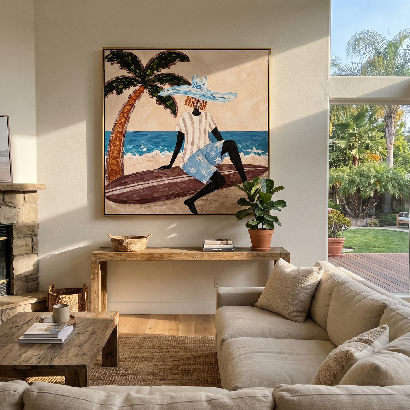Blue Brim Rests by the Tide - Seated Beach Woman and Surfboard painting by Claire Whitmore, modern coastal square wall art – styled room scene view 2