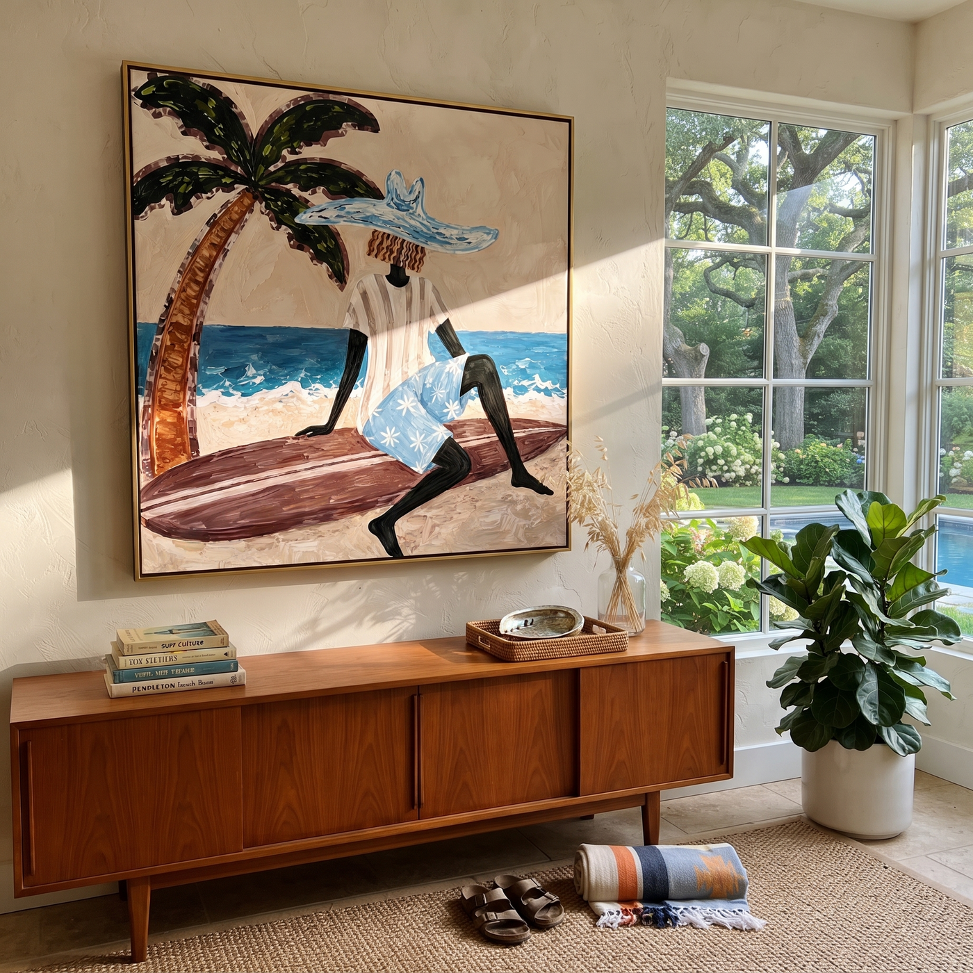Blue Brim Rests by the Tide - Seated Beach Woman and Surfboard painting by Claire Whitmore, modern coastal square wall art – styled room scene view 3