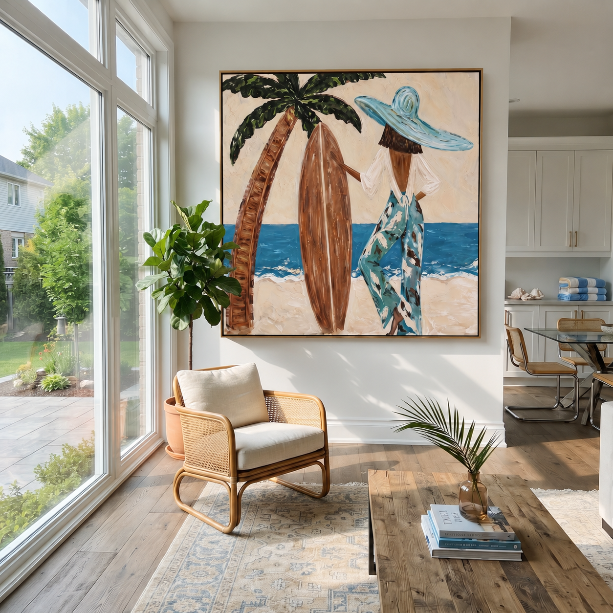 Palm Shade Holds the Board - Beach Woman with Surfboard painting by Claire Whitmore, modern coastal square wall art – styled room scene view 1