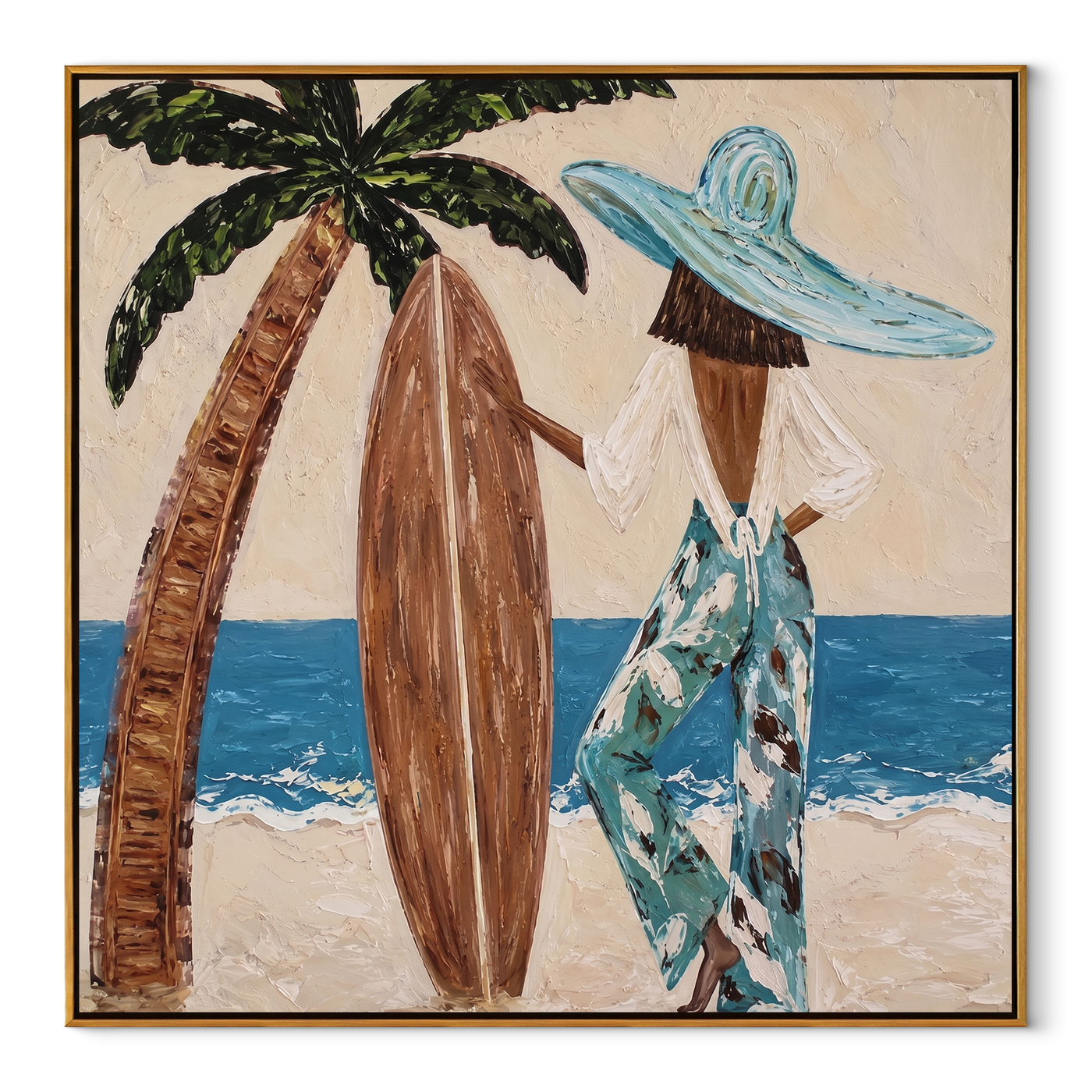 Palm Shade Holds the Board - Beach Woman with Surfboard painting by Claire Whitmore, modern coastal square wall art – wood frame on white background