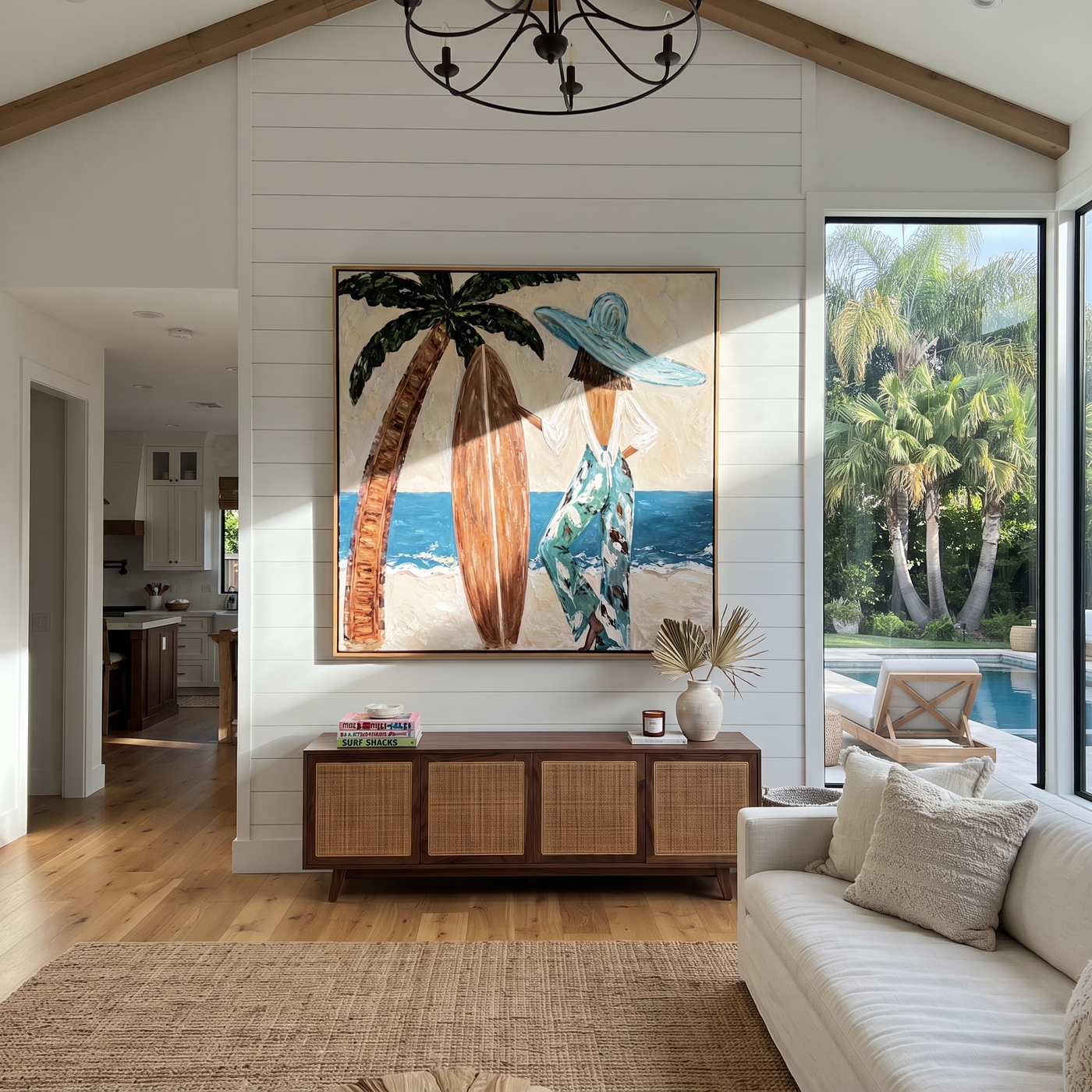 Palm Shade Holds the Board - Beach Woman with Surfboard painting by Claire Whitmore, modern coastal square wall art – styled room scene view 2