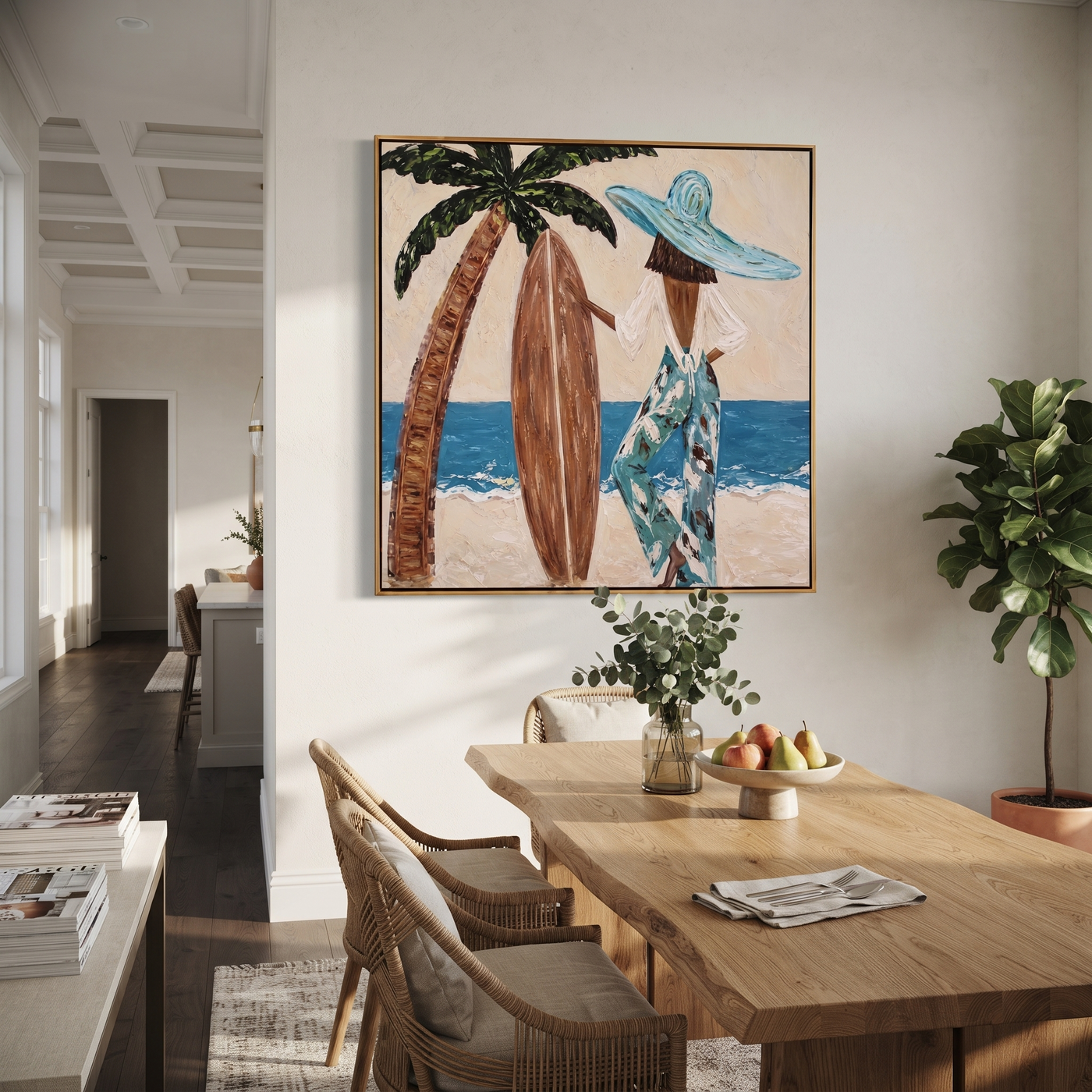 Palm Shade Holds the Board - Beach Woman with Surfboard painting by Claire Whitmore, modern coastal square wall art – styled room scene view 3