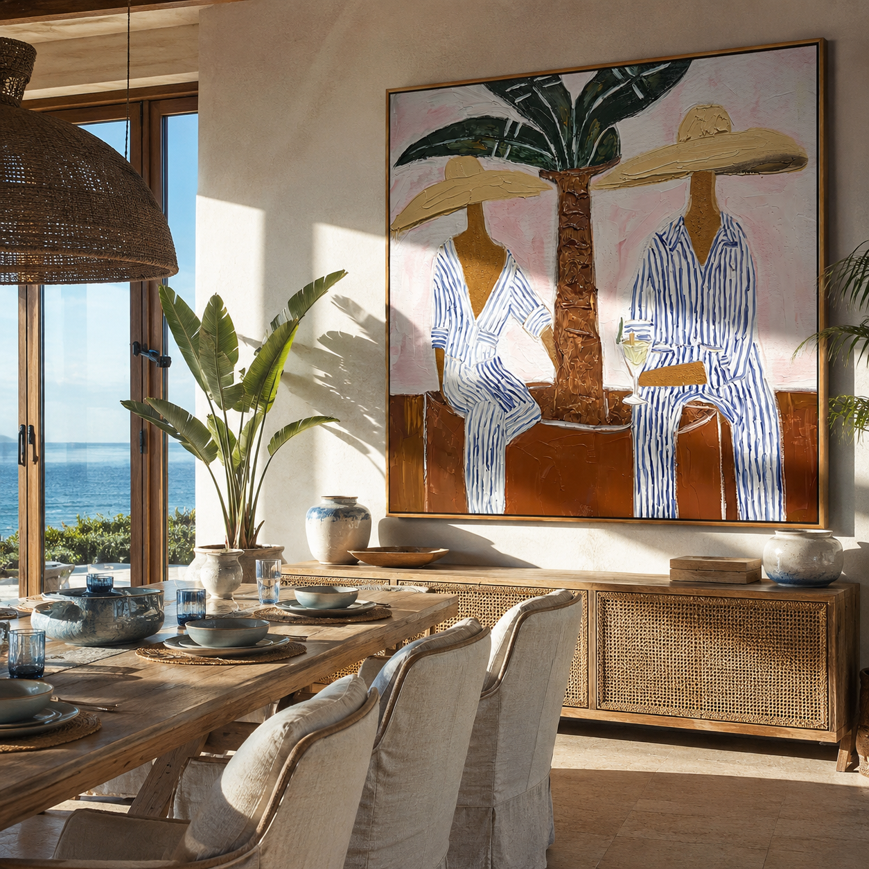 Striped Hours Rest Beneath Palms - Two Beach Figures under Palm painting by Claire Whitmore, modern coastal square wall art – styled room scene view 1
