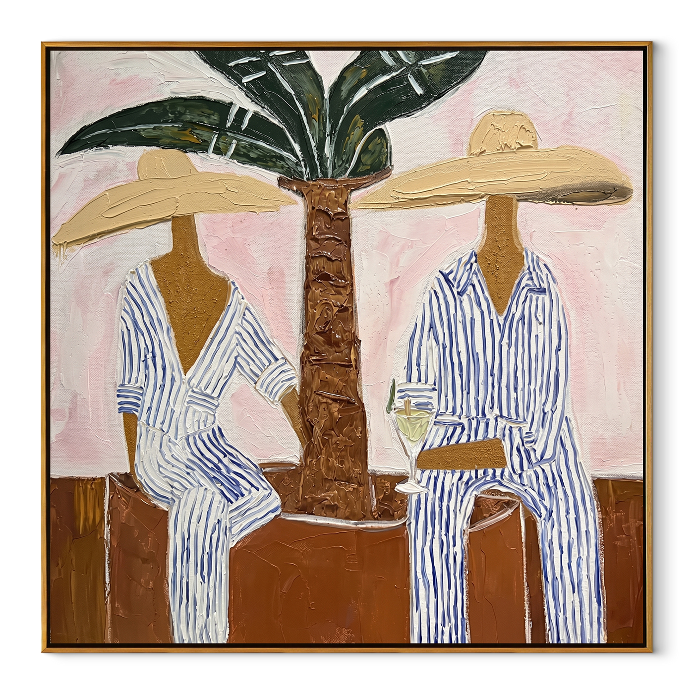 Striped Hours Rest Beneath Palms - Two Beach Figures under Palm painting by Claire Whitmore, modern coastal square wall art – wood frame on white background