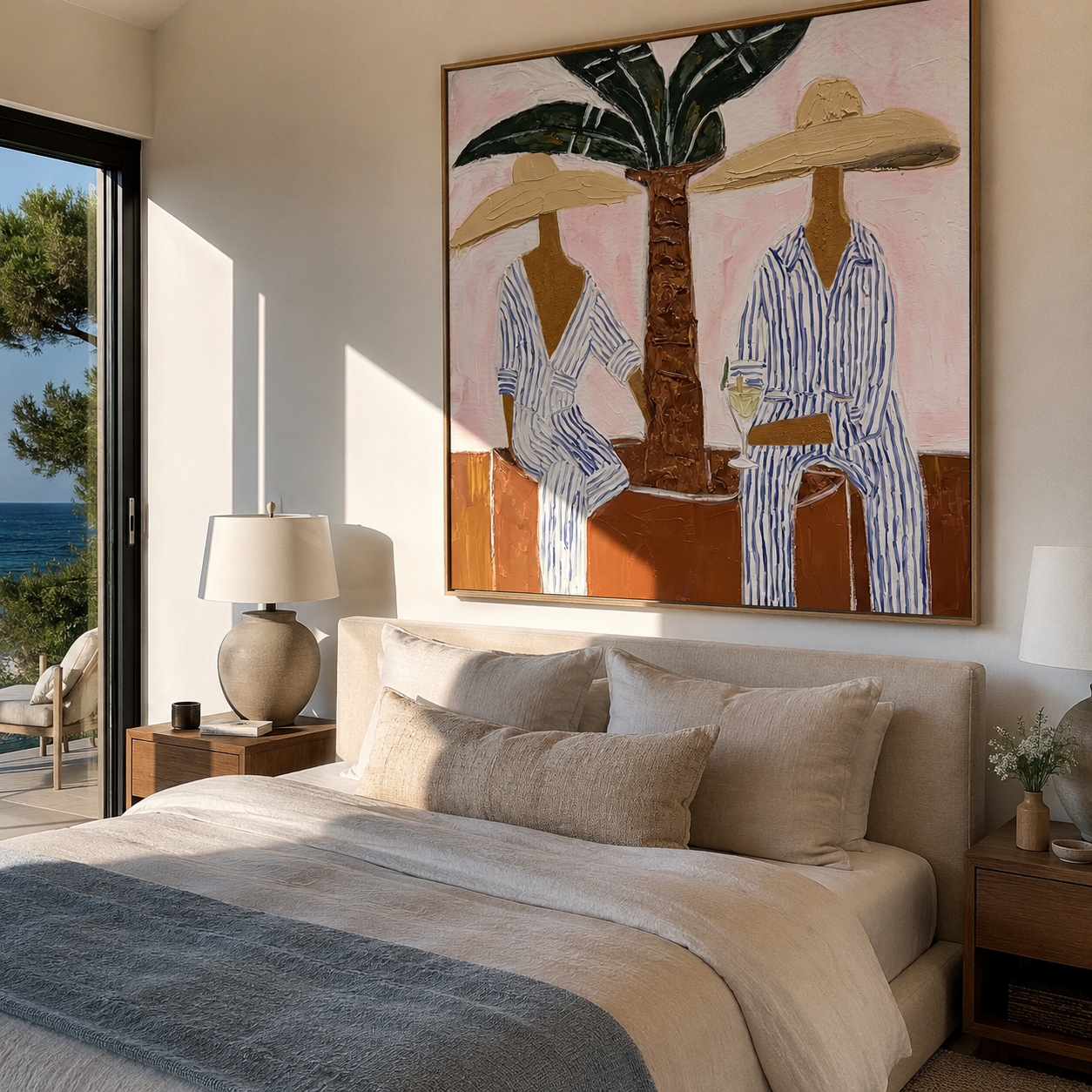 Striped Hours Rest Beneath Palms - Two Beach Figures under Palm painting by Claire Whitmore, modern coastal square wall art – styled room scene view 2