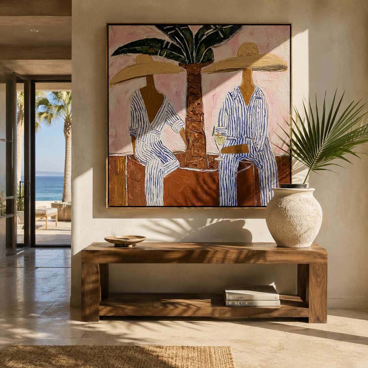 Striped Hours Rest Beneath Palms - Two Beach Figures under Palm painting by Claire Whitmore, modern coastal square wall art – styled room scene view 3