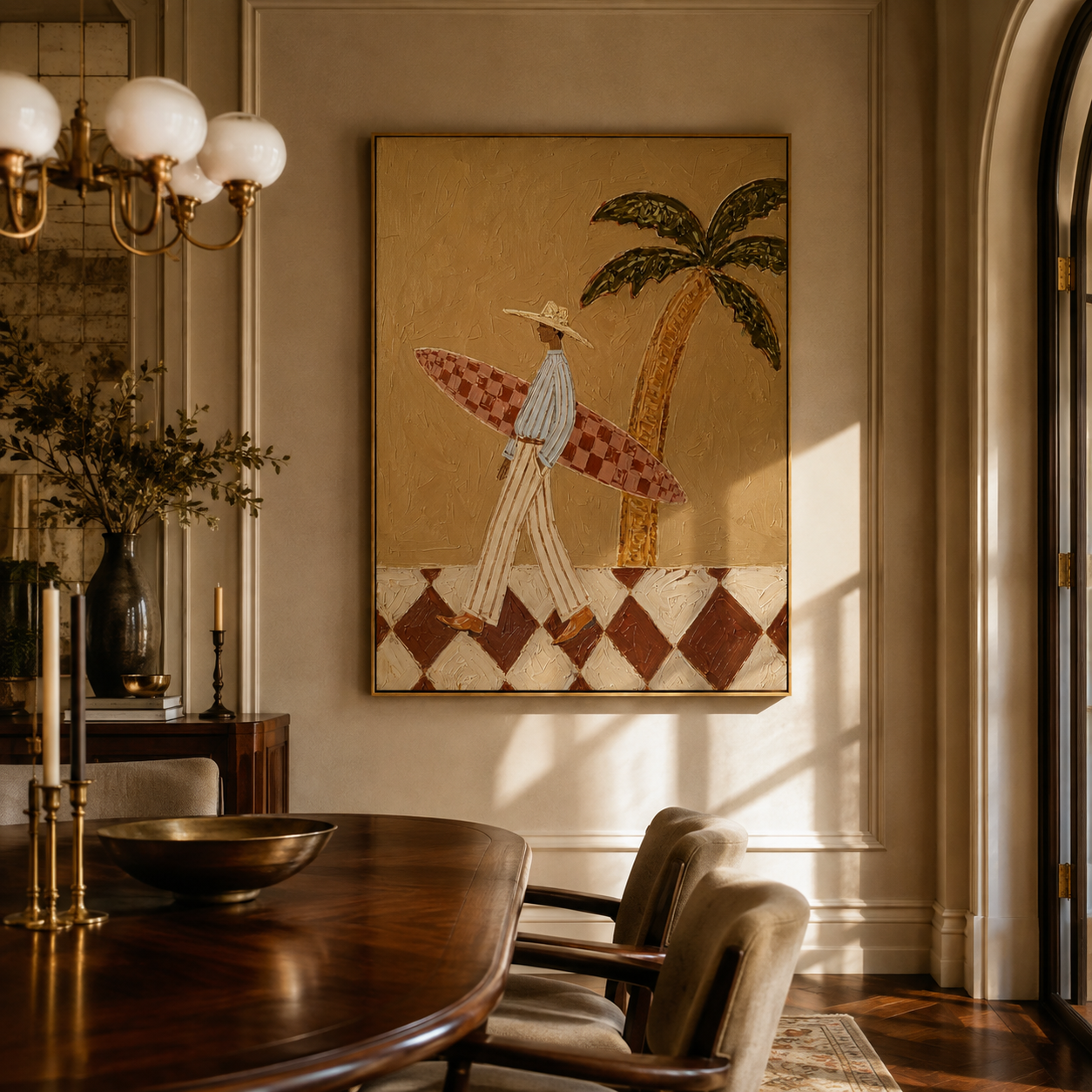 Checkered Tide Walks Beneath Palms - Surfer with Checkered Board painting by Claire Whitmore, modern coastal vertical wall art – styled room scene view 1