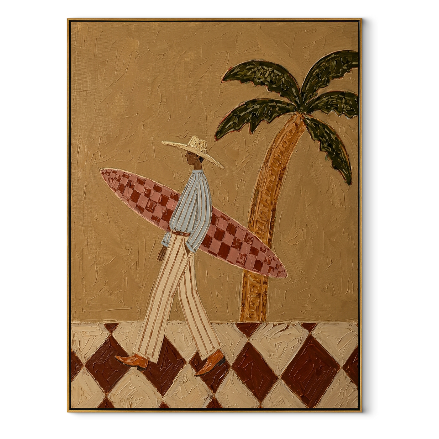 Checkered Tide Walks Beneath Palms - Surfer with Checkered Board painting by Claire Whitmore, modern coastal vertical wall art – wood frame on white background
