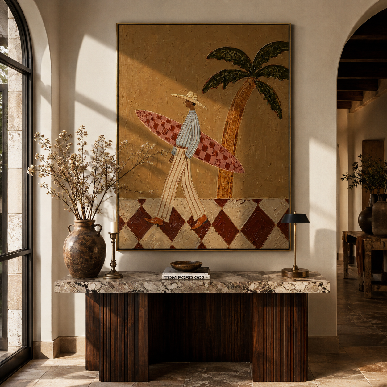 Checkered Tide Walks Beneath Palms - Surfer with Checkered Board painting by Claire Whitmore, modern coastal vertical wall art – styled room scene view 2