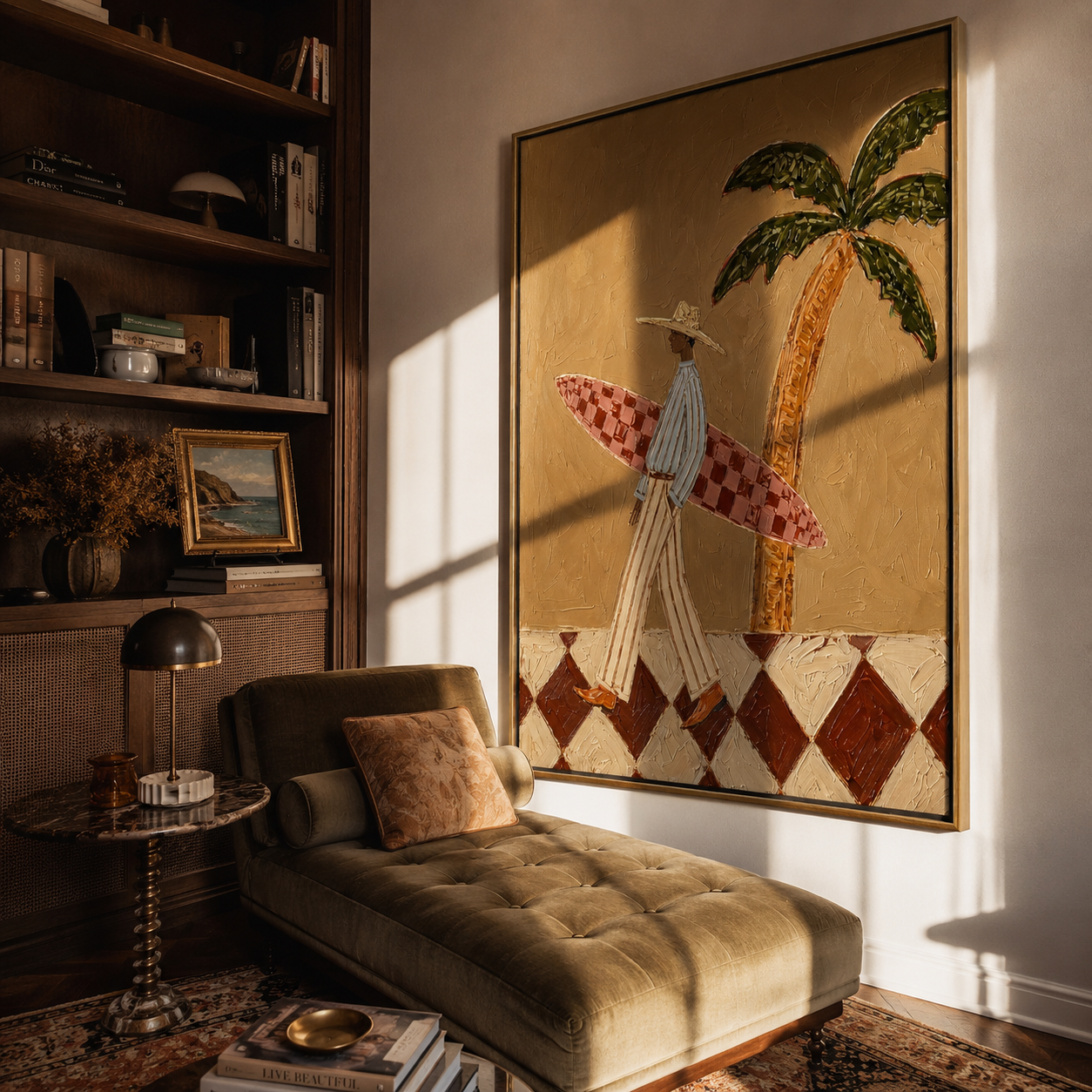Checkered Tide Walks Beneath Palms - Surfer with Checkered Board painting by Claire Whitmore, modern coastal vertical wall art – styled room scene view 3