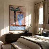 Blue Stripes Meet the Shore - Palm and Striped Beach Figure painting by Claire Whitmore, modern coastal vertical wall art – styled room scene view 1