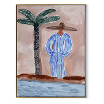 Blue Stripes Meet the Shore - Palm and Striped Beach Figure painting by Claire Whitmore, modern coastal vertical wall art – wood frame on white background