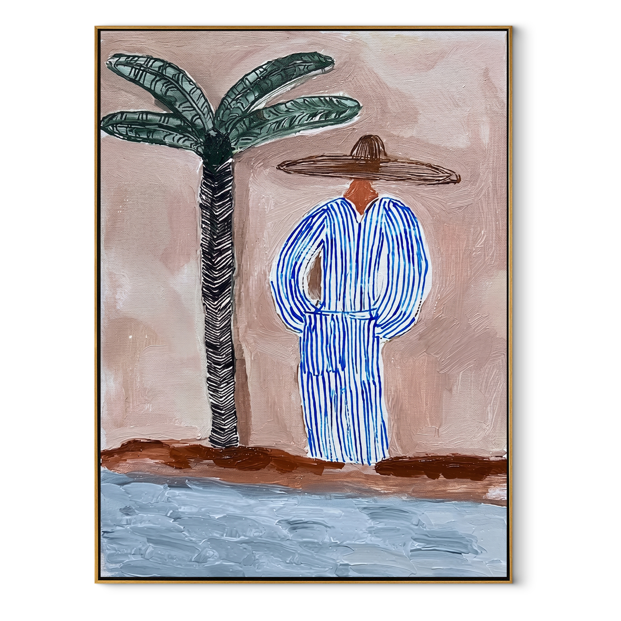 Blue Stripes Meet the Shore - Palm and Striped Beach Figure painting by Claire Whitmore, modern coastal vertical wall art – wood frame on white background