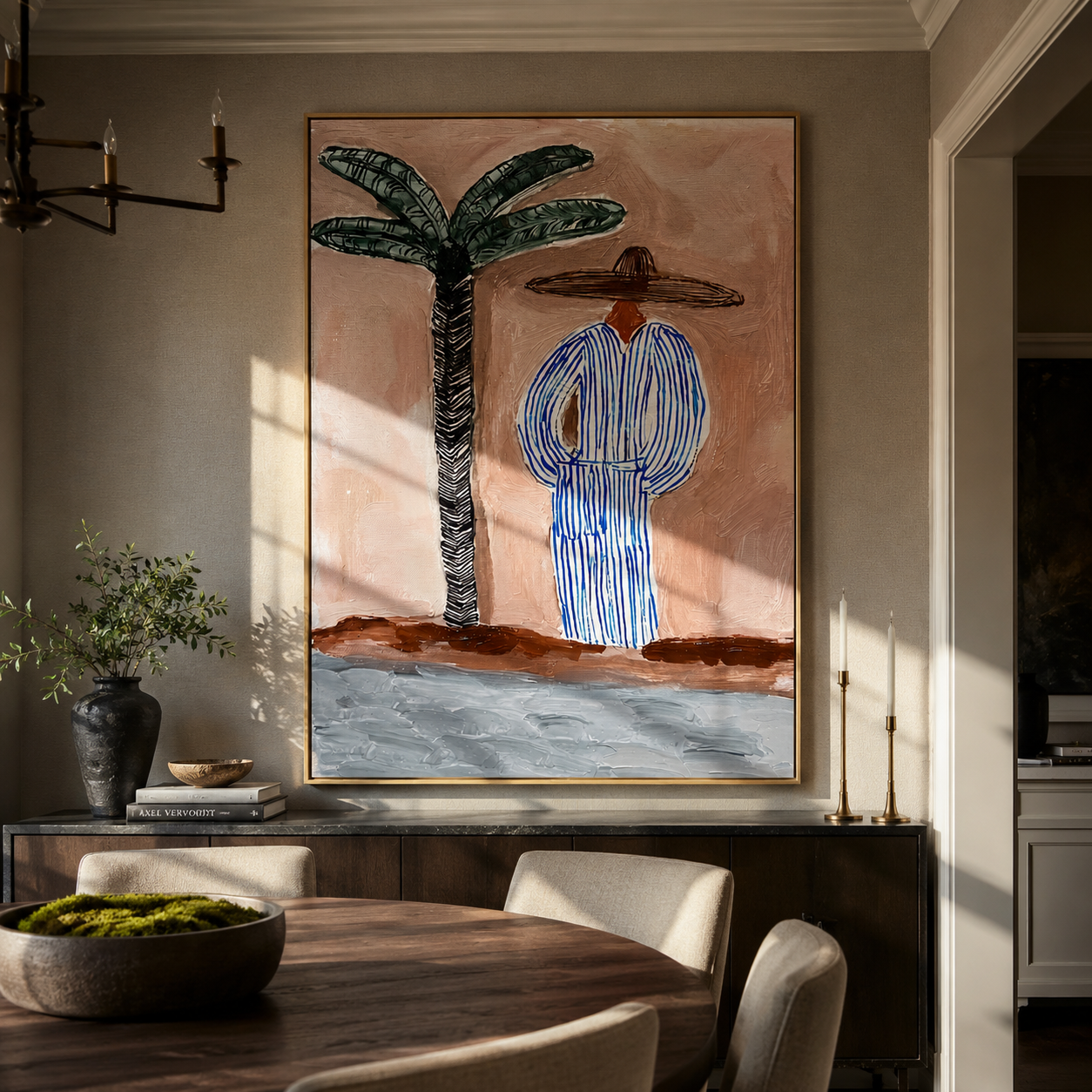 Blue Stripes Meet the Shore - Palm and Striped Beach Figure painting by Claire Whitmore, modern coastal vertical wall art – styled room scene view 2
