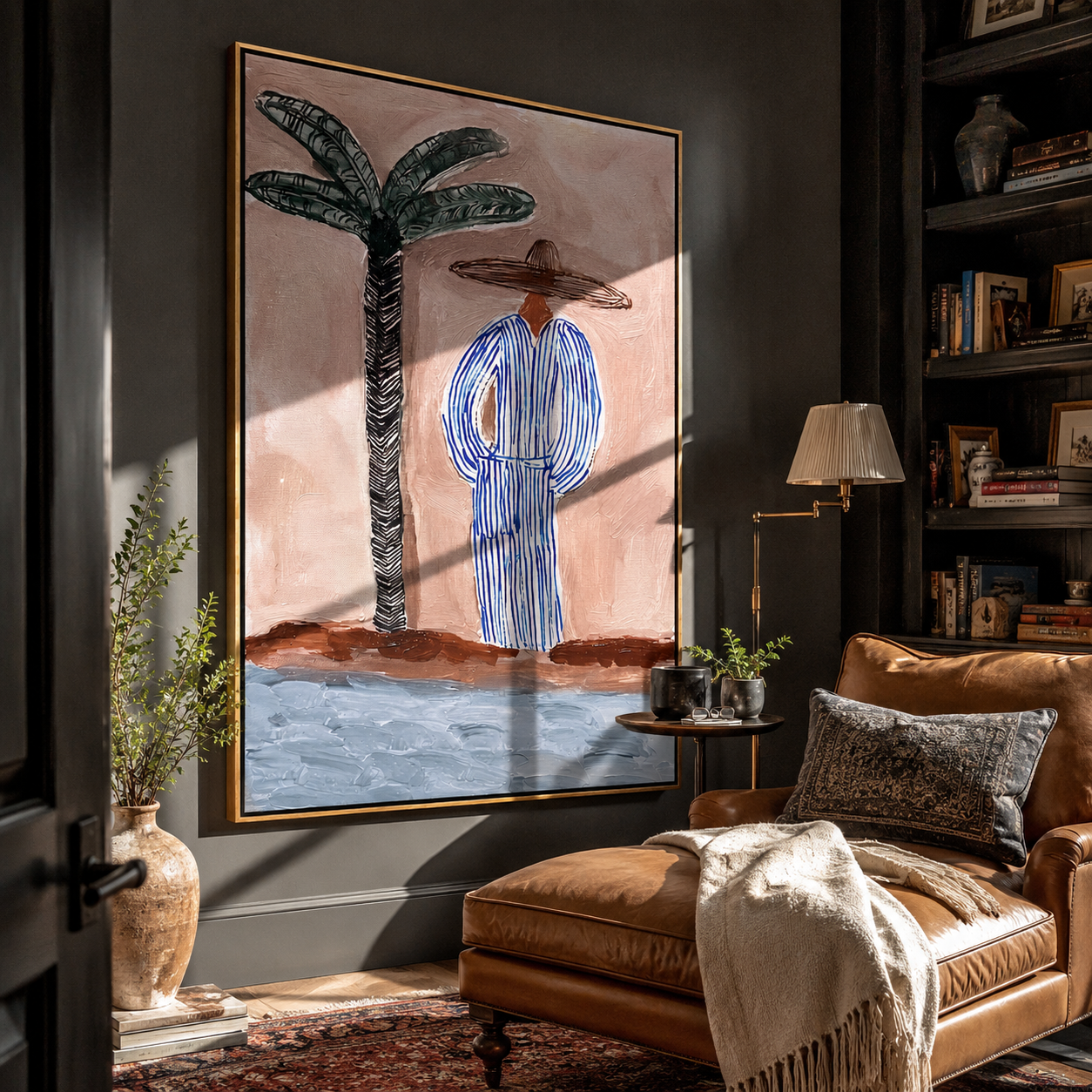 Blue Stripes Meet the Shore - Palm and Striped Beach Figure painting by Claire Whitmore, modern coastal vertical wall art – styled room scene view 3